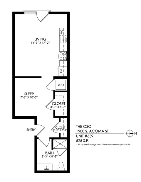 A floor plan for a one bedroom apartment with a living room, sleeping area, bathroom and closet.
